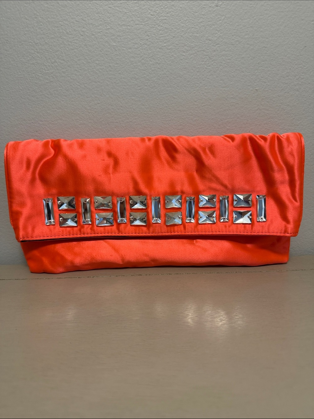Vintage Y2K Juicy Couture Orange Satin Crystal Embellished Foldover Clutch Bag